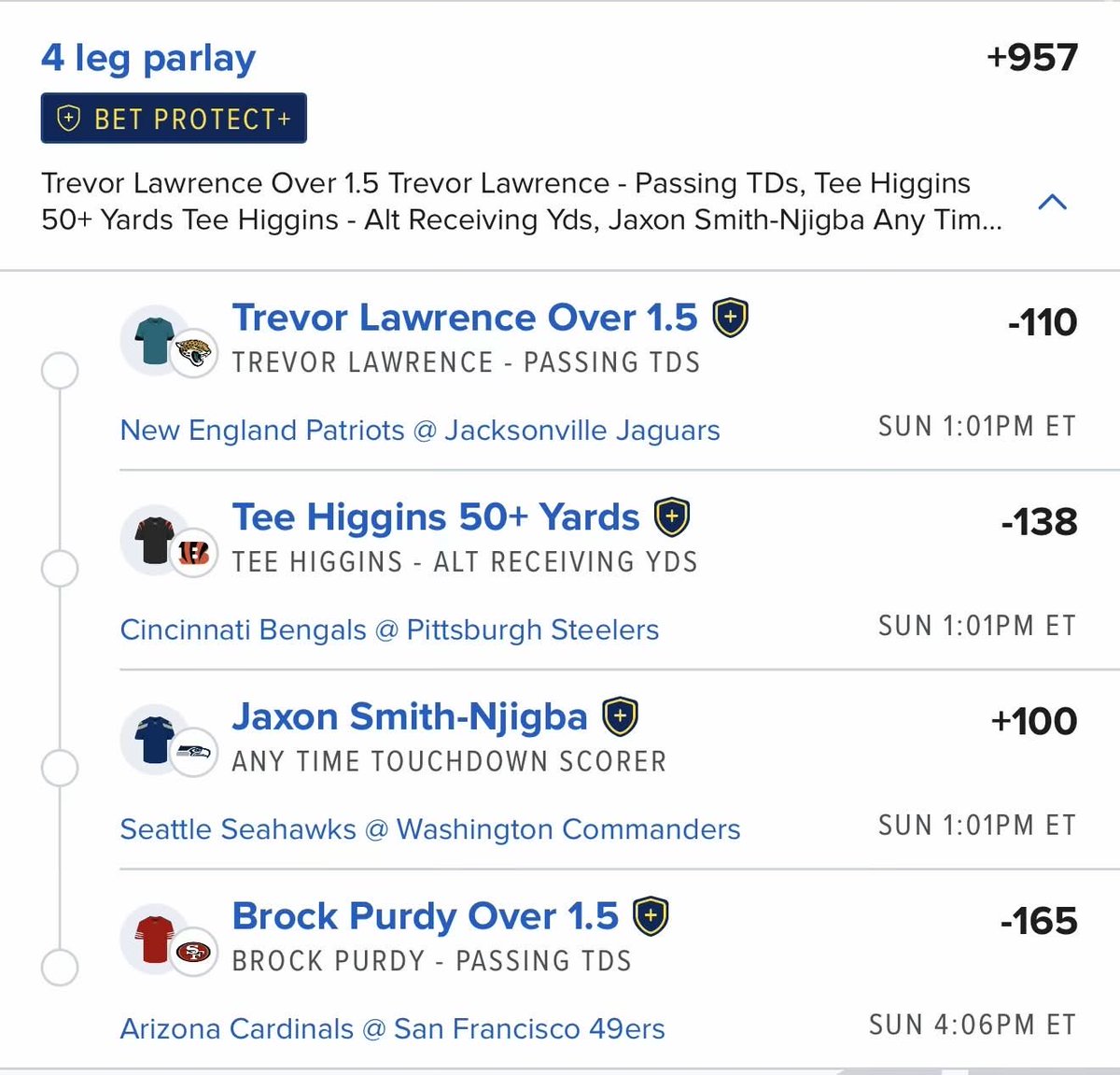 ParlayScience's tweet photo. 🏈 SUNDAY $100 ➡️ $1,000

We gave the 🐐 @Pickwith456 the keys. 

He sent back a ticket worth sweating.

TAIL IT ⬇️

https://t.co/yHs5KvkUBr https://t.co/024XtombAV