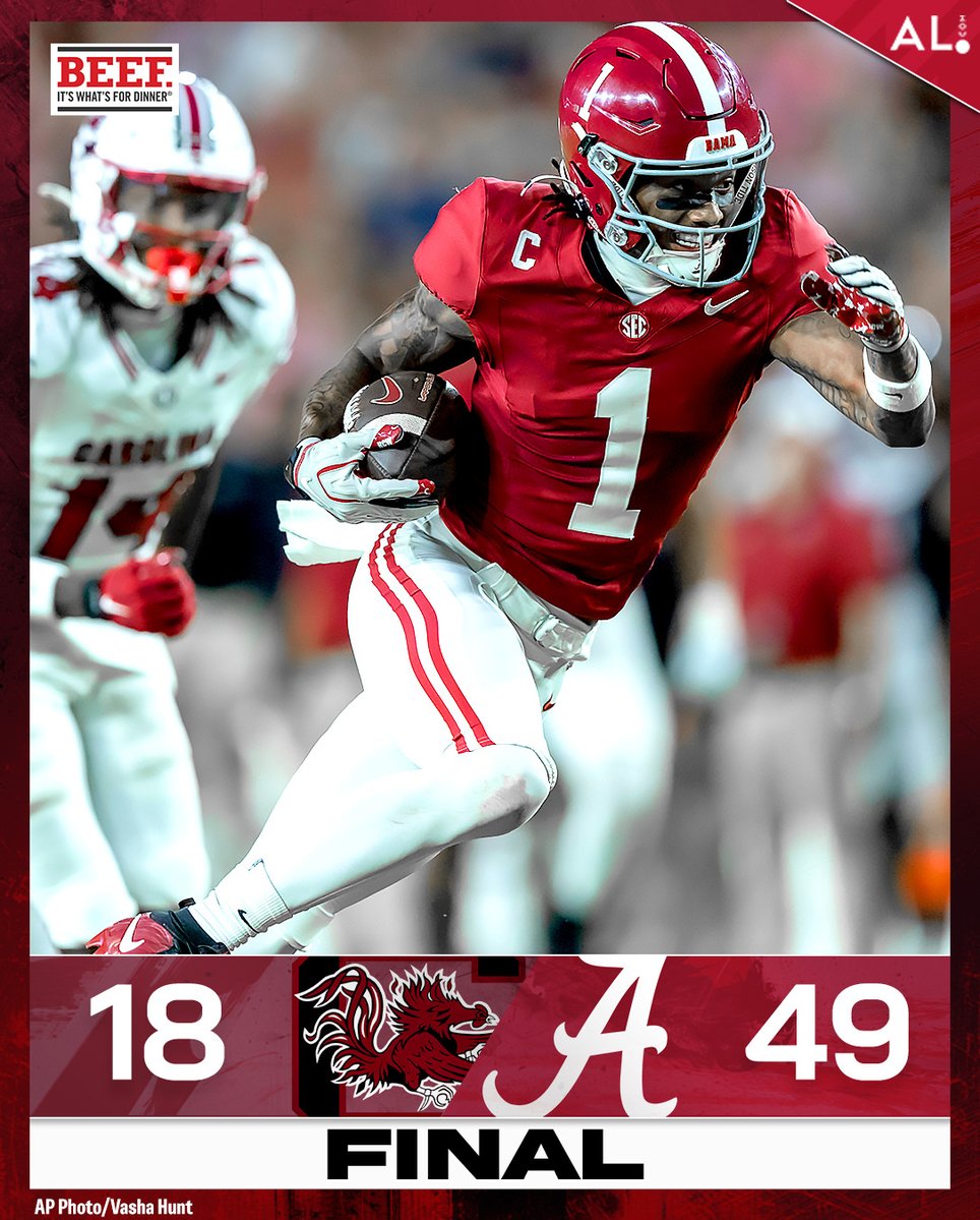 aldotcomTide's tweet photo. FINAL: Alabama 49, South Carolina 18 🐘🏈

Your thoughts on the game Tide fans? #RollTide https://t.co/Y4jrTMYo4d