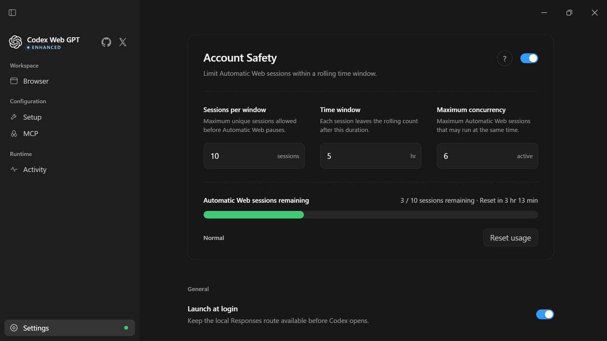 EvanLau1798's tweet photo. Your $100–$200 ChatGPT plan already has a separate Web quota.

@miu21590 put GPT-6 Pro / GPT-5.6 Pro inside Codex.

The part I kept missing after a long session: Automatic Web can outrun the account before the model is done.

This Enhanced launcher adds Account Safety as a live control, not a warning buried in a README.

You set the rolling window:
• how many Automatic Web sessions
• how long they stay in the count
• how many can run at once

The bar is the part you feel. Remaining sessions. Reset countdown. Status stays Normal until the cap. Then new sessions pause; the one already running is allowed to finish.

Rate-limit or account-security signals do the same thing: finish the current turn, then stop instead of retrying into a worse state.

It is a local safety budget. It does not pretend to be ChatGPT’s official remaining quota.

Repo in the reply.