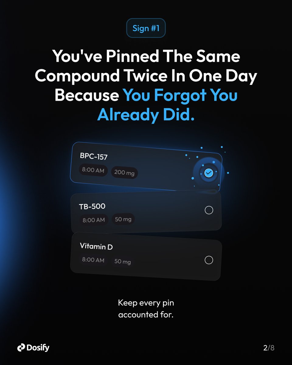Dosifyai's tweet photo. Be honest — how many of these hit? 👀

Most people running compounds are flying blind: no dosing guidance, interaction checks, or real pin log.

Dosify helps you track your profile, dosing, reminders &amp; safety checks — all in one place.

👉 Free to start. Link in bio. https://t.co/LkFv5R0SGy