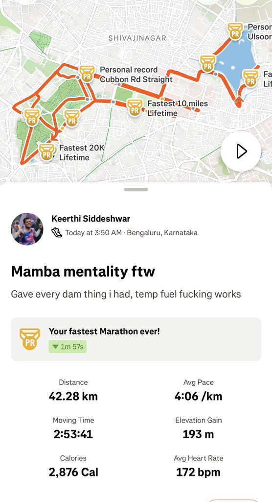 keerthisiddeshw's tweet photo. It's 2:53:56 

entirely fueled by tempo fuel, man. So proud to have built something like this.

AlphaFly broke apart at 16km, but mama didn't raise a quitter, baby https://t.co/m7lnz2rRYx