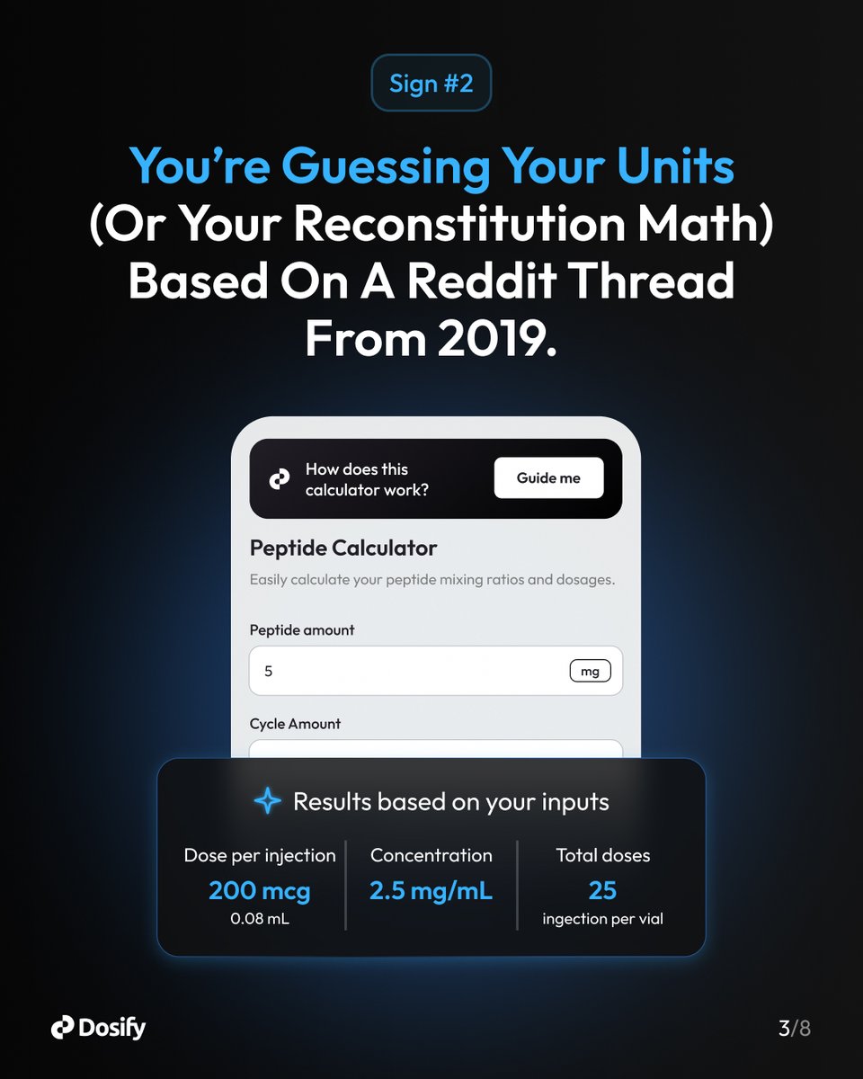 Dosifyai's tweet photo. Be honest — how many of these hit? 👀

Most people running compounds are flying blind: no dosing guidance, interaction checks, or real pin log.

Dosify helps you track your profile, dosing, reminders &amp; safety checks — all in one place.

👉 Free to start. Link in bio. https://t.co/LkFv5R0SGy