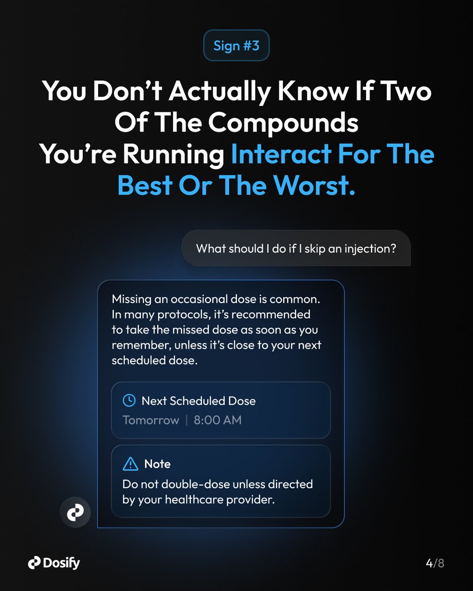 Dosifyai's tweet photo. Be honest — how many of these hit? 👀

Most people running compounds are flying blind: no dosing guidance, interaction checks, or real pin log.

Dosify helps you track your profile, dosing, reminders &amp; safety checks — all in one place.

👉 Free to start. Link in bio. https://t.co/LkFv5R0SGy