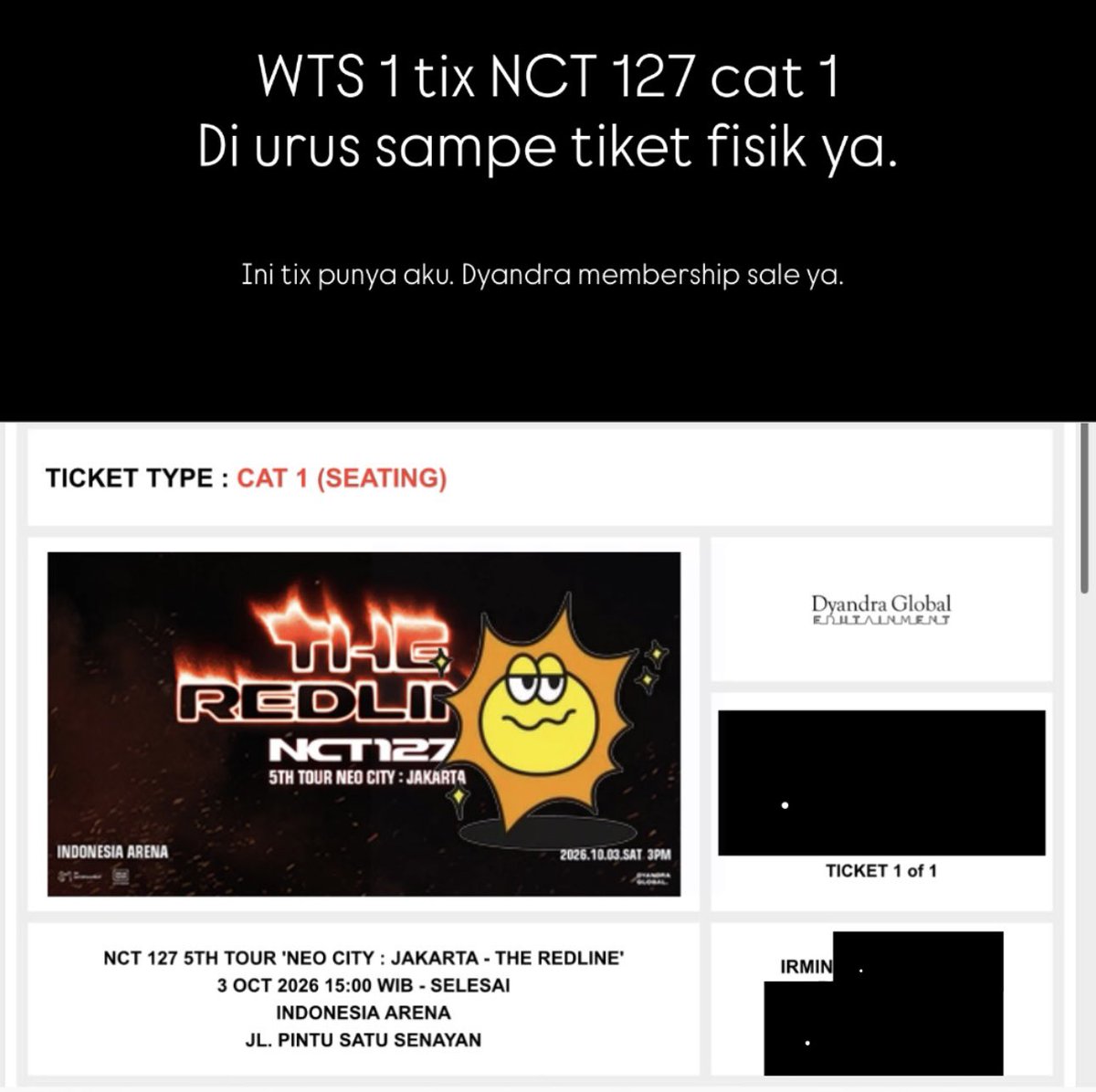 wfnyaldh's tweet photo. Wts 1 tix the Redline nct127 Jakarta. Cat 1.

Yang ninat DM ya..

#wts #wtb #nct127 #THEREDLINE https://t.co/jSM7Iw8kXj