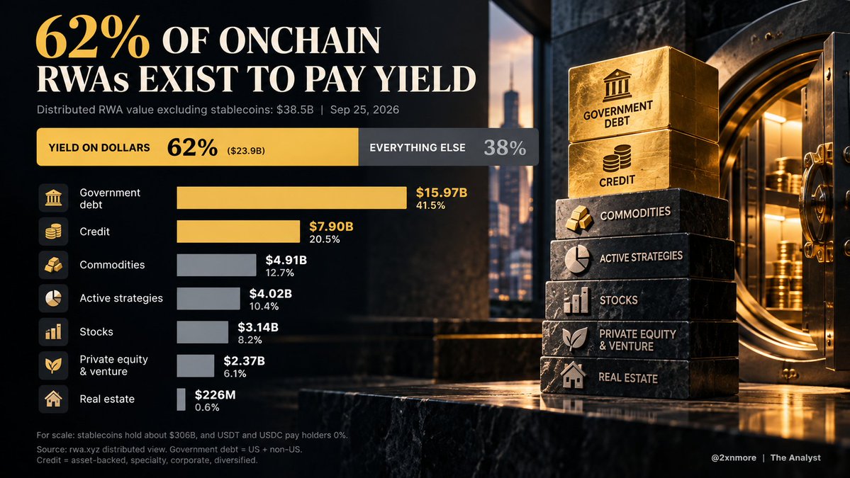 2xnmore's tweet photo. Most of the RWA market is not about owning companies or property.

It is about earning yield on dollars, because your stablecoins pay you nothing.

Distributed RWAs onchain, excluding stablecoins, per rwa. xyz:
$38.5B

Here is what most of it is.

Government debt: 41%
Credit: 21%

Together, that is 62% of the market, and both exist mainly to pay yield. Credit also carries default risk that treasuries do not, but the reason people buy both is the same.

Here is why that matters.

When you hold USDT or USDC, the issuer earns interest on the reserves backing your dollars. You earn zero.

Tokenised treasuries fix exactly that. They are the same dollars onchain, but the yield goes to you instead of the issuer.

So the RWA boom is not mainly an ownership story. It is a yield story.

And yield stories answer to one thing: interest rates.

When rates are high, sitting in a stablecoin at zero is expensive, and money moves into tokenised treasuries.

When rates fall, that gap shrinks, and the easiest reason to hold RWAs gets weaker.

That is the part almost nobody is pricing into the "RWA to trillions" posts.

The real test is the part that does not depend on rates. Commodities, mostly gold, are already 13% of the market. Tokenised stocks are still small.

That is the bucket that will prove tokenisation can stand on its own.

The RWA market is a rates trade wearing a tokenisation costume, and the Fed is holding the other end of it.