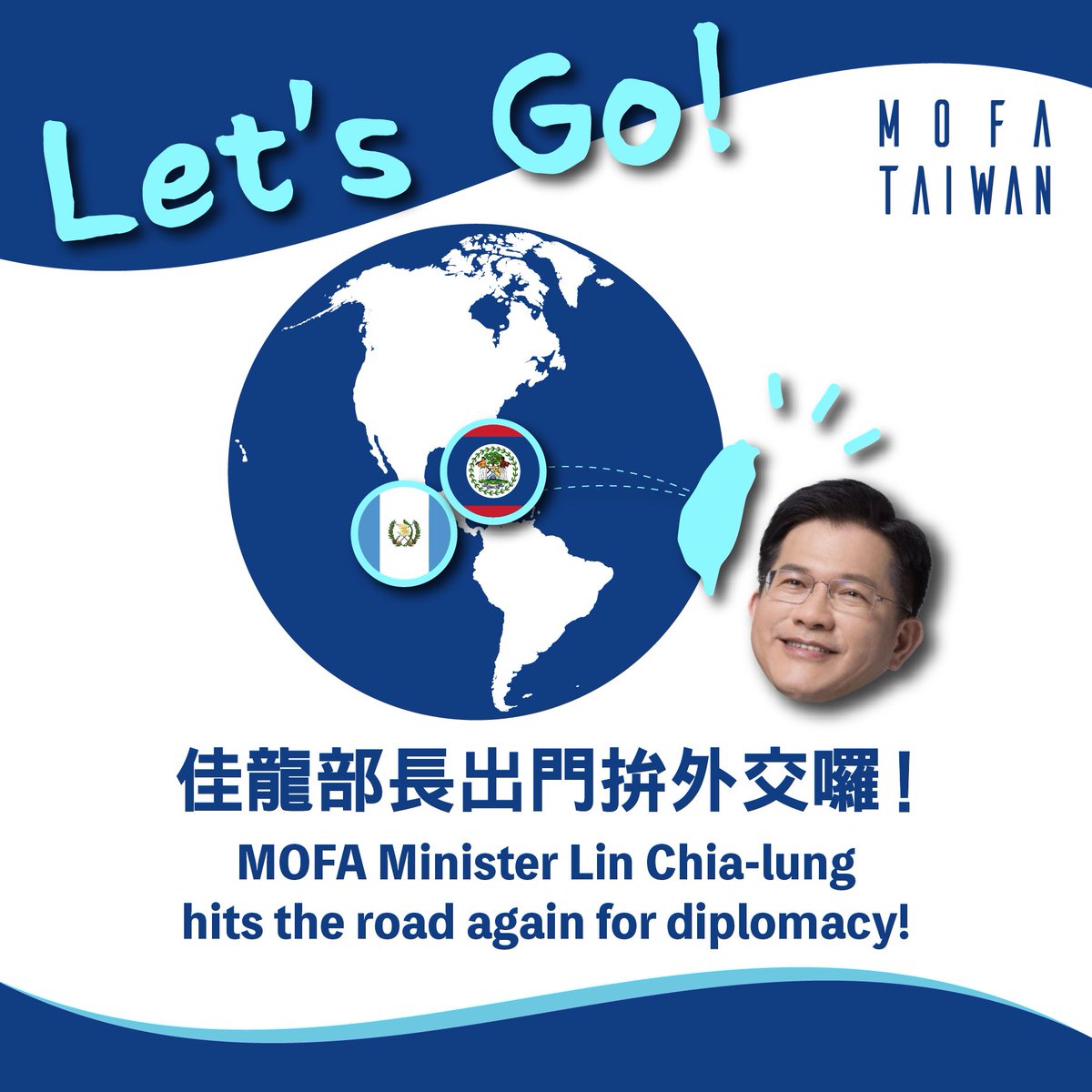 MOFA_Taiwan's tweet photo. Minister @chia_lung is heading to our allies #Belize🇧🇿 &amp; #Guatemala🇬🇹 with a 30+ member business delegation. Meetings with PM @JohnBricenoBZE , Pres. @BArevalodeLeon &amp; other senior officials will deepen our strategic partnerships &amp; open new opportunities for our businesses. https://t.co/6YycKIO5MY