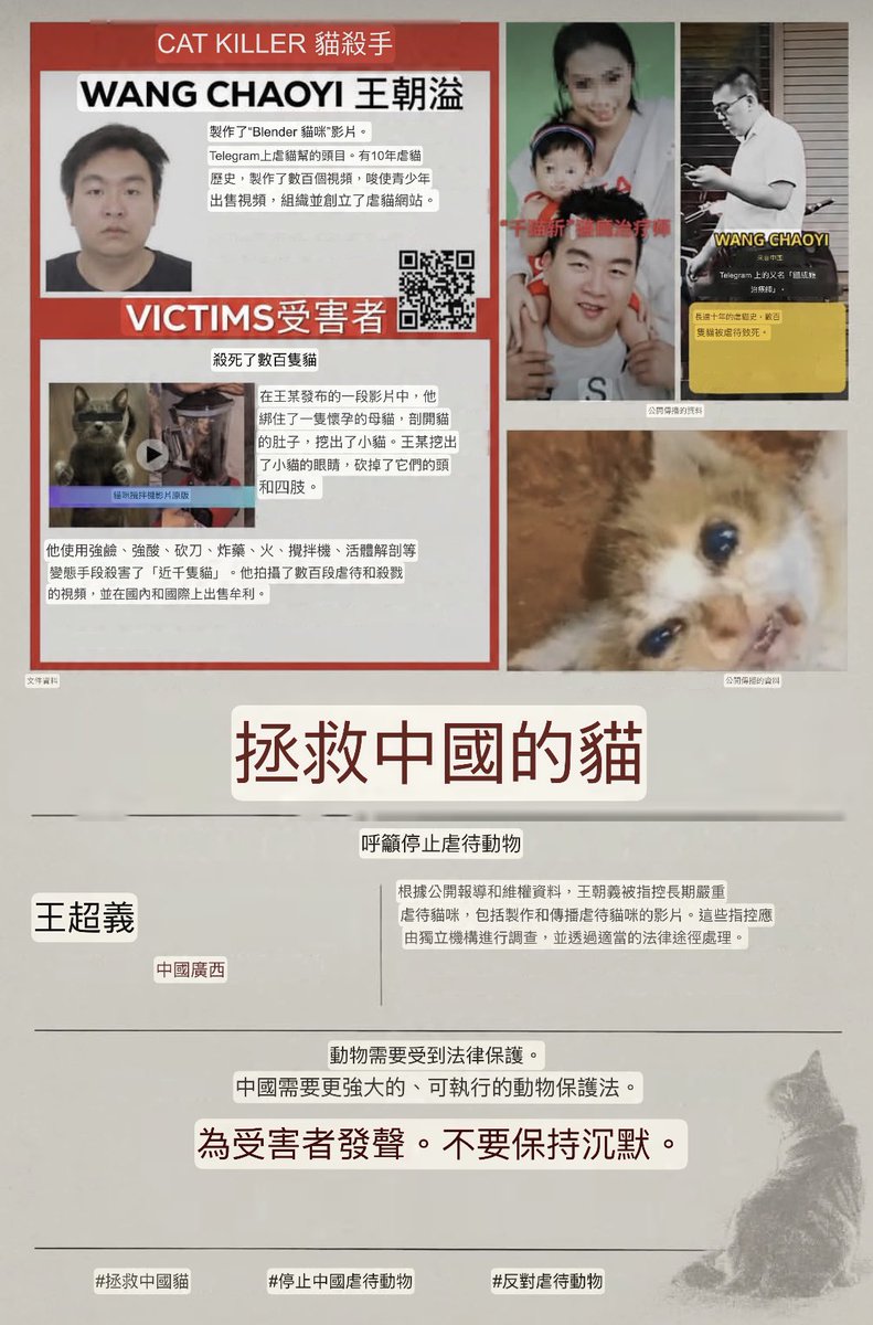 sahiaa999's tweet photo. 王朝溢（Wang Chaoyi，居住于中国广西）涉嫌长期极端虐待并残忍杀害大量猫只，包括肢解孕猫、强酸伤害及果汁机虐杀等恶行，并参与 Telegram 虐猫群组传播贩卖视频
无论受害动物来自哪里，这些残忍行为都不应被忽视。中国需要更完善、具实际执行力的动物保护法律，让虐待不再被漠视 https://t.co/lDwA1Pdyow
