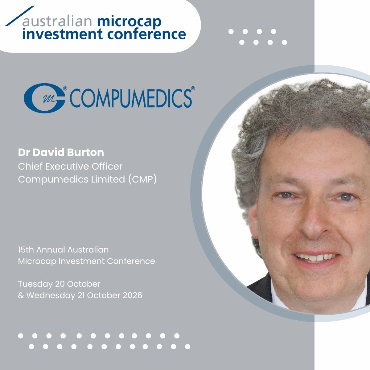AusMicrocap's tweet photo. We are pleased to welcome Compumedics Ltd (CMP) @Compumedics to this year's Melbourne Conference. #AusMicrocap Conference on 20 &amp; 21 October! https://t.co/RUP01Kce5K https://t.co/dOYPXGGq6h