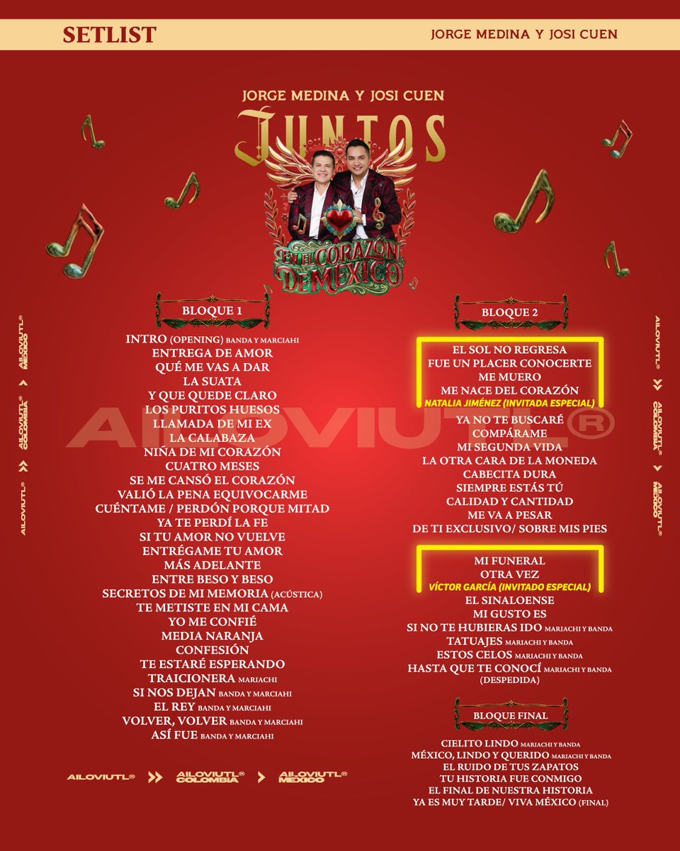 ailoviutl's tweet photo. Les comparto el SETLIST OFICIAL de: JORGE MEDINA & JOSI CUEN @ Auditorio Nacional 🏟️ CDMX 📍 Sábado 26 de Septiembre del 2026 🗓️ En el Corazón de México Tour Juntos 🤠 México 🇲🇽
🚨 Repertorio con la lista exacta de canciones que cantarán esta noche 🚨
#JorgeMedina #JosiCuen #Juntos #LaMaquinaDelTiempo #Fest #Festival #EnElCorazónDeMéxico #LaMaquinaDelTiempoTour #Concert #Concierto #CDMX #México #Music #Música #Ailoviutl #Tour2025 #Tour2024 #AuditorioNacional #AuditorioMX #JuntosTour #Setlist #Repertorio #Setlists #ListaDeCanciones