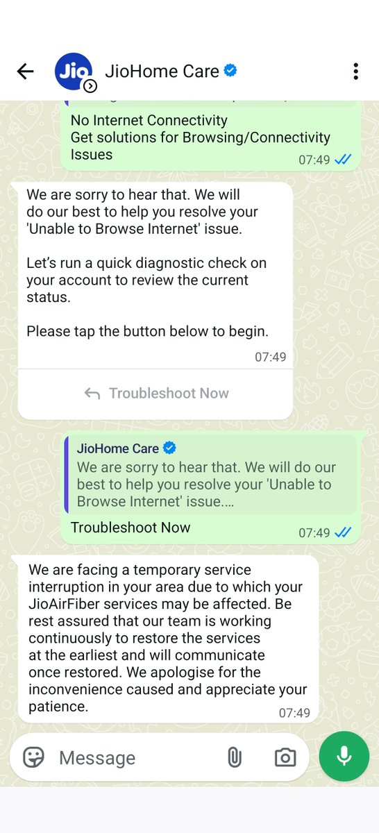 SohitRajput_26's tweet photo. @reliancejio @JioCare 
Hi Team, I am facing issue with my jio airfiber connection and not able to connect to any executive viaany support channel (IVR/whatsapp/myJio App). I am continuously getting below information only and no complaint raised.
Look into this else stop service. https://t.co/QLiHrsflAy