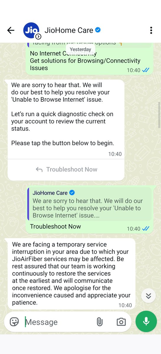 SohitRajput_26's tweet photo. @reliancejio @JioCare 
Hi Team, I am facing issue with my jio airfiber connection and not able to connect to any executive viaany support channel (IVR/whatsapp/myJio App). I am continuously getting below information only and no complaint raised.
Look into this else stop service. https://t.co/QLiHrsflAy