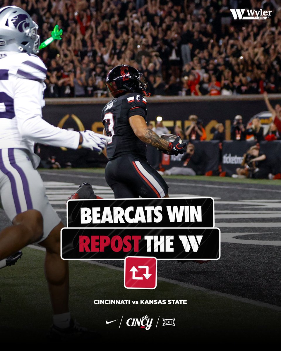 GoBEARCATS's tweet photo. Nippert at Night claims another victim! 🪦

The Bearcats hand Kansas State its first loss of the season, 31-26. https://t.co/56MeZGwgus