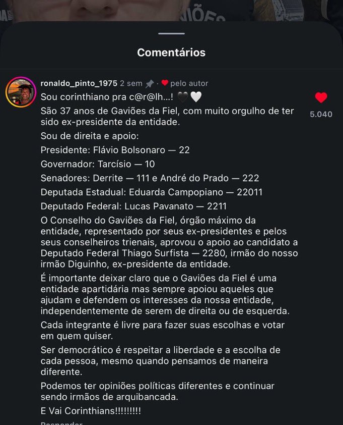 SeLigaFiel's tweet photo. Ex-presidente dos Gaviões da Fiel, se posiciona politicamente, e declara seu voto ao Flávio, contra o atual governo. 

Vamos!! 🖤🤍

#ForaLula https://t.co/N50YH8lbne