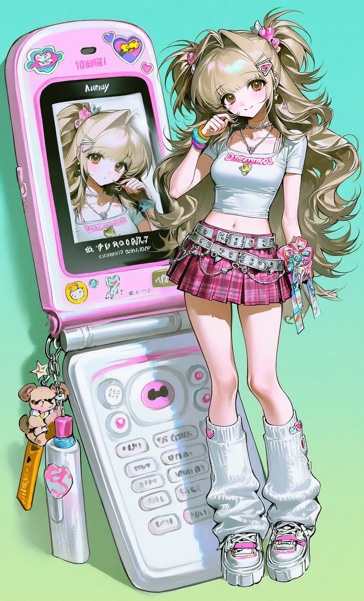 gamguu030_'s tweet photo. [프롬공유]  내 폰 완전 귀엽지

solo, beautiful, [character appearance], standing beside an oversized [phone color] retro flip phone, giant open clamshell phone nearly as tall as her, glossy plastic body, chunky rounded design, early 2000s Japanese keitai aesthetic, large black reflective screen displaying a clear reflection of the girl, metallic accents matching the phone color, detailed keypad, circular navigation pad, many oval buttons, tiny speaker holes, cute stickers and small character charms decorating the phone, cute shy expression, full body, knee-high leg warmers, chunky platform shoes, playful pose, both girl and phone fully visible, clean white background, kawaii Y2K aesthetic, clean thin line art
