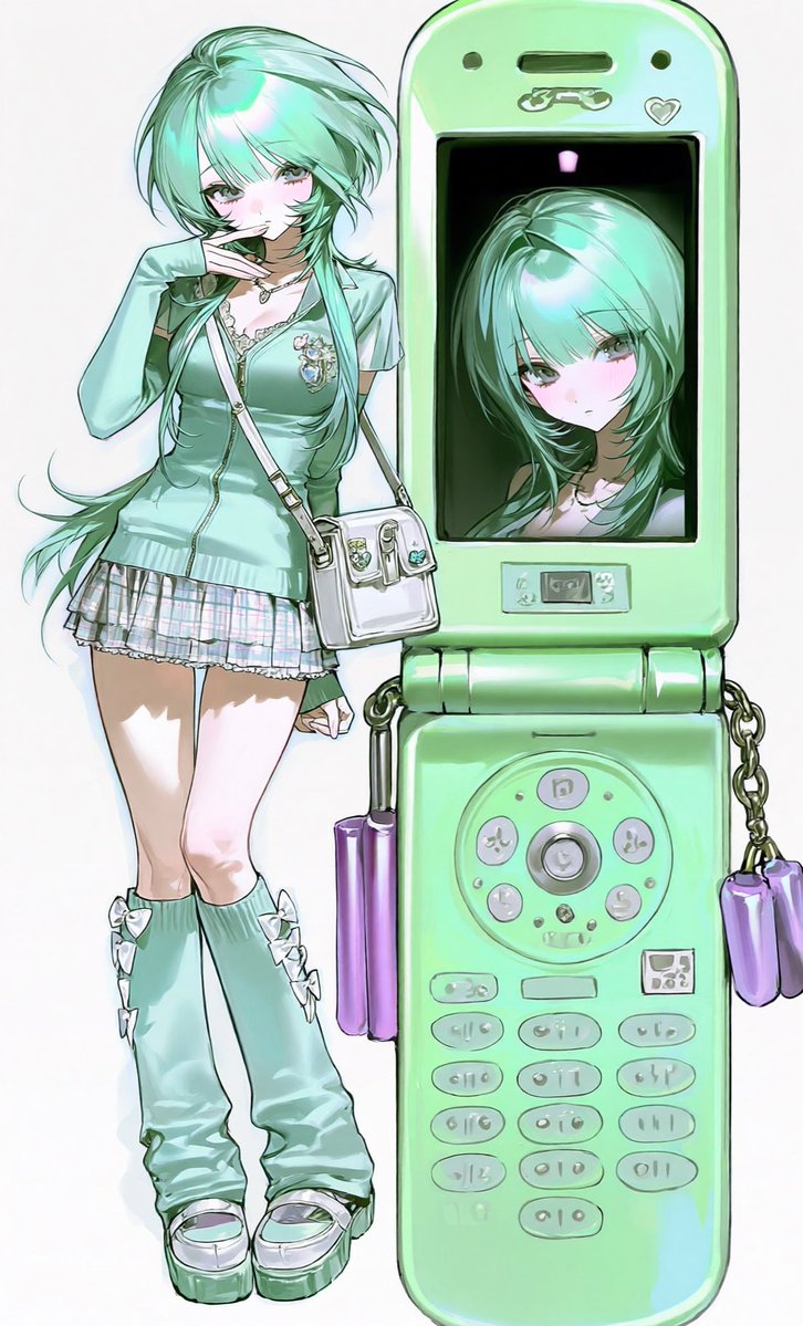 gamguu030_'s tweet photo. [프롬공유]  내 폰 완전 귀엽지

solo, beautiful, [character appearance], standing beside an oversized [phone color] retro flip phone, giant open clamshell phone nearly as tall as her, glossy plastic body, chunky rounded design, early 2000s Japanese keitai aesthetic, large black reflective screen displaying a clear reflection of the girl, metallic accents matching the phone color, detailed keypad, circular navigation pad, many oval buttons, tiny speaker holes, cute stickers and small character charms decorating the phone, cute shy expression, full body, knee-high leg warmers, chunky platform shoes, playful pose, both girl and phone fully visible, clean white background, kawaii Y2K aesthetic, clean thin line art