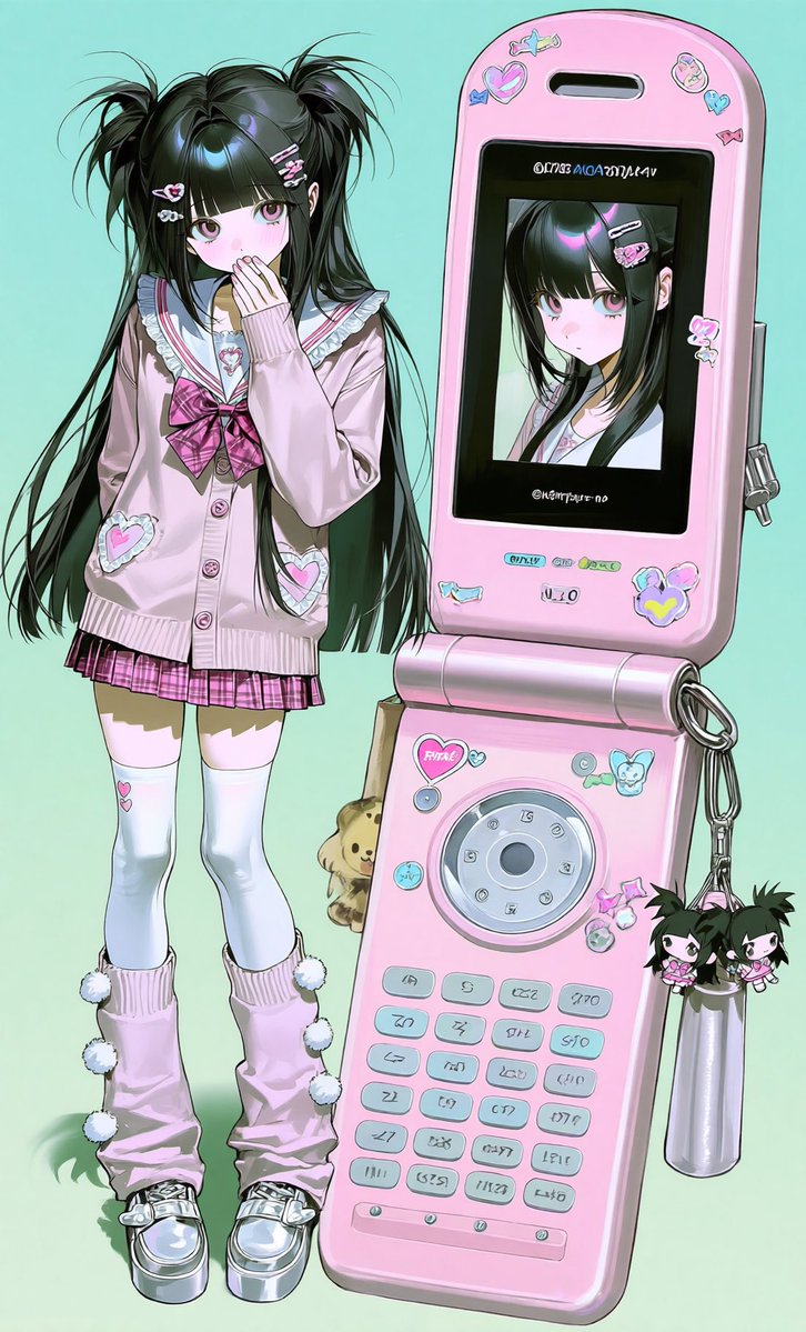 gamguu030_'s tweet photo. [프롬공유]  내 폰 완전 귀엽지

solo, beautiful, [character appearance], standing beside an oversized [phone color] retro flip phone, giant open clamshell phone nearly as tall as her, glossy plastic body, chunky rounded design, early 2000s Japanese keitai aesthetic, large black reflective screen displaying a clear reflection of the girl, metallic accents matching the phone color, detailed keypad, circular navigation pad, many oval buttons, tiny speaker holes, cute stickers and small character charms decorating the phone, cute shy expression, full body, knee-high leg warmers, chunky platform shoes, playful pose, both girl and phone fully visible, clean white background, kawaii Y2K aesthetic, clean thin line art