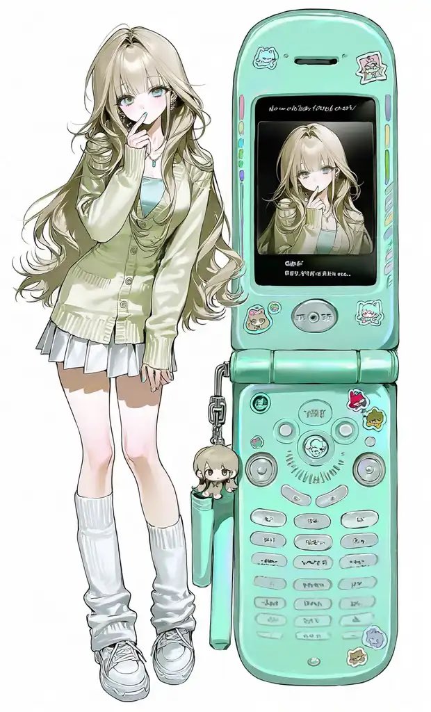 gamguu030_'s tweet photo. [프롬공유]  내 폰 완전 귀엽지

solo, beautiful, [character appearance], standing beside an oversized [phone color] retro flip phone, giant open clamshell phone nearly as tall as her, glossy plastic body, chunky rounded design, early 2000s Japanese keitai aesthetic, large black reflective screen displaying a clear reflection of the girl, metallic accents matching the phone color, detailed keypad, circular navigation pad, many oval buttons, tiny speaker holes, cute stickers and small character charms decorating the phone, cute shy expression, full body, knee-high leg warmers, chunky platform shoes, playful pose, both girl and phone fully visible, clean white background, kawaii Y2K aesthetic, clean thin line art