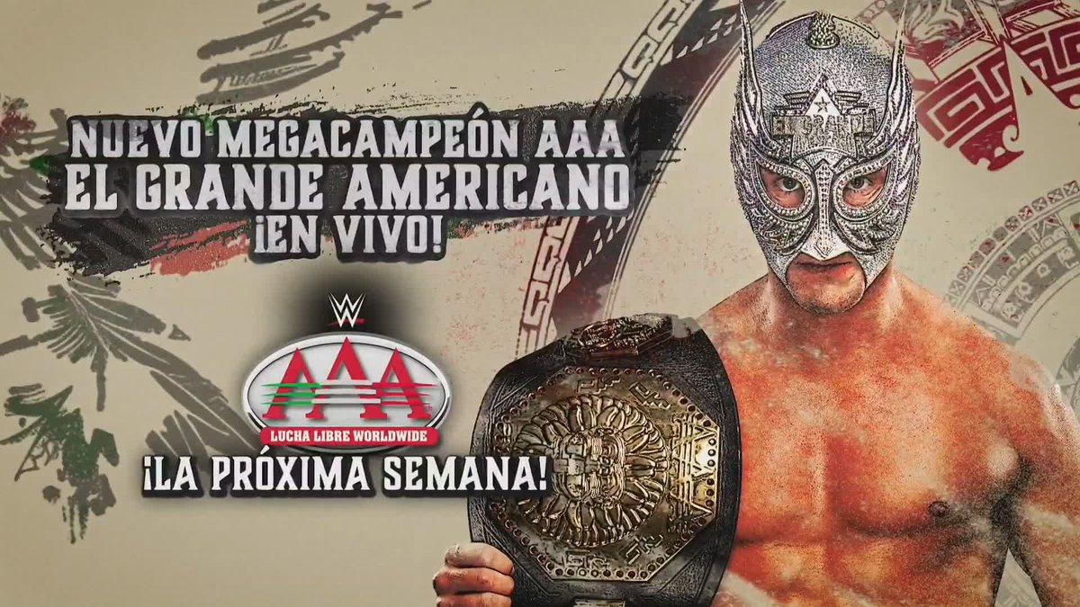 The promotional image announces "NUEVO MEGACAMPEÓN AAA EL GRANDE AMERICANO ¡EN VIVO!" featuring the masked wrestler El Grande Americano holding the AAA Mega Championship belt, with text indicating "¡LA PRÓXIMA SEMANA!" alongside the AAA logo and the hashtag "#AAAenFOX," tying directly to the post's tease about upcoming action in León.