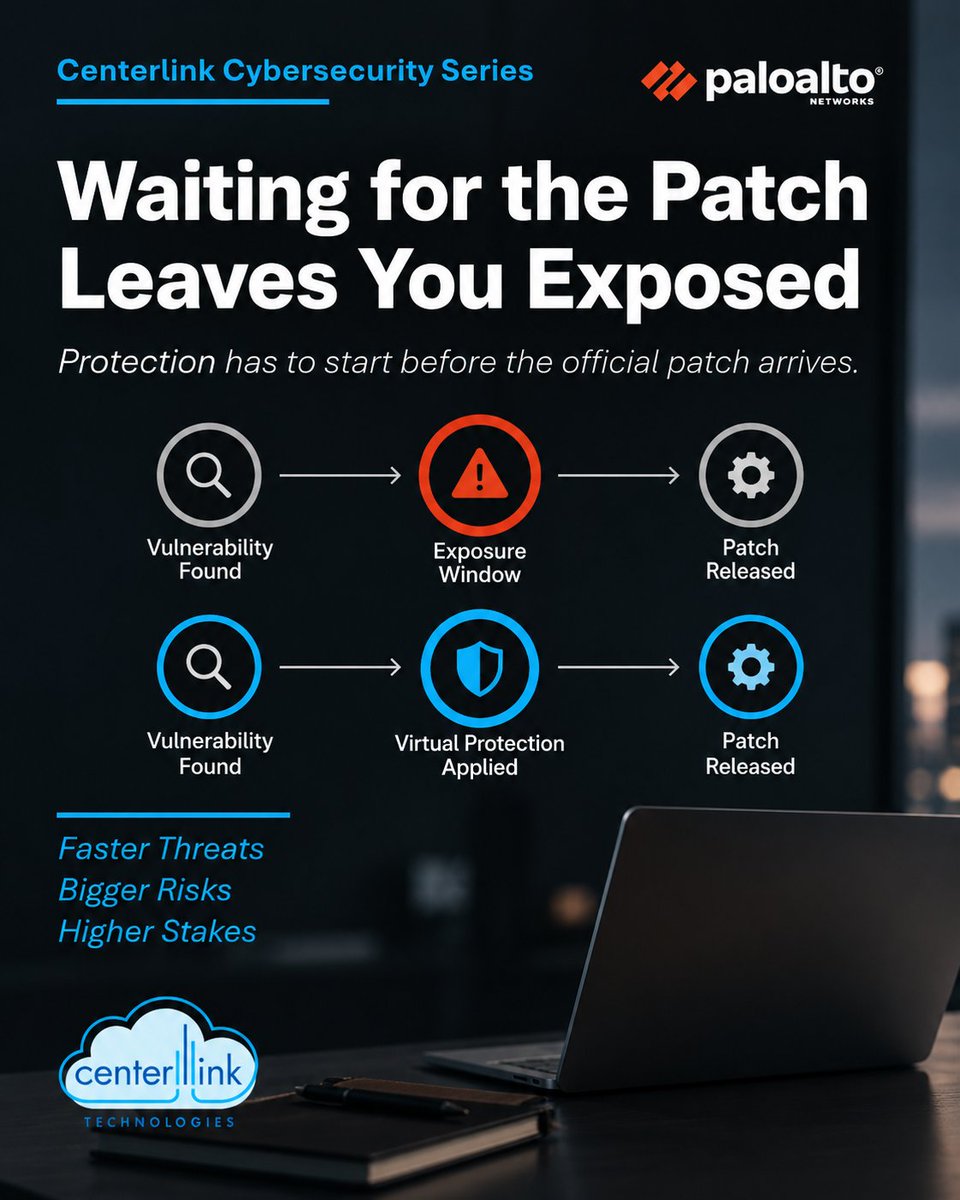 CenterlinkTech's tweet photo. A vulnerability is discovered.

The official patch isn’t ready.

Your business is still exposed.

That gap has always existed. AI is making it more dangerous.

We're always available by phone at (888) 233-0086 or feel free to send us a DM. Let's get your business secured https://t.co/NWE2B3abGP