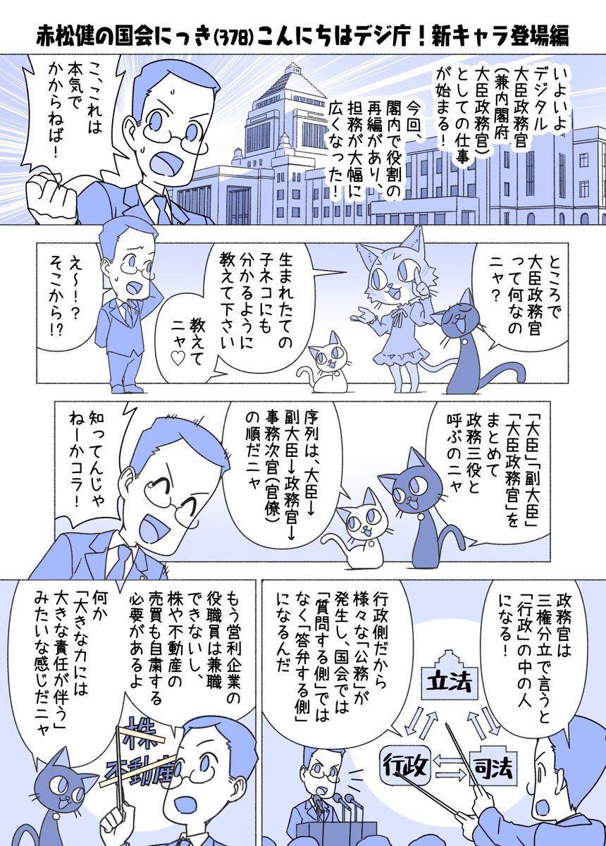 KenAkamatsu's tweet photo. ■赤松健の国会にっき （日曜に更新） 
（３７８）こんにちはデジ庁！新キャラ登場 編
大臣政務官になって行政側に入ると、今までの国会議員としての公設秘書（政策秘書・公設第1・第2）の他に、その省庁から選出された新しい秘書官や秘書が付きます。当然、専門性の高い方々です。 https://t.co/3ay03AF016