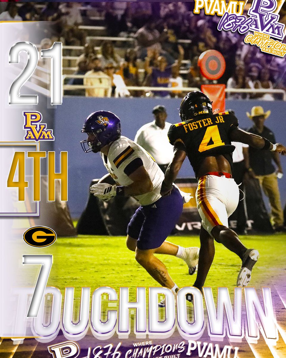 PVAMUPanthers's tweet photo. PVAMUATH: TOUCHDOWN PANTHERS!
With 9:13 remaining in the fourth quarter, Tevin Carter connects with Keagian Heckaman for a 2-yard touchdown pass!
The Panthers extend their lead!
Prairie View A&M 21️⃣
Grambling State 7️⃣
#PVAMU #PVAMUPanthers #StateFairClassic #PantherPride https://t.co/9zdXfyotOU