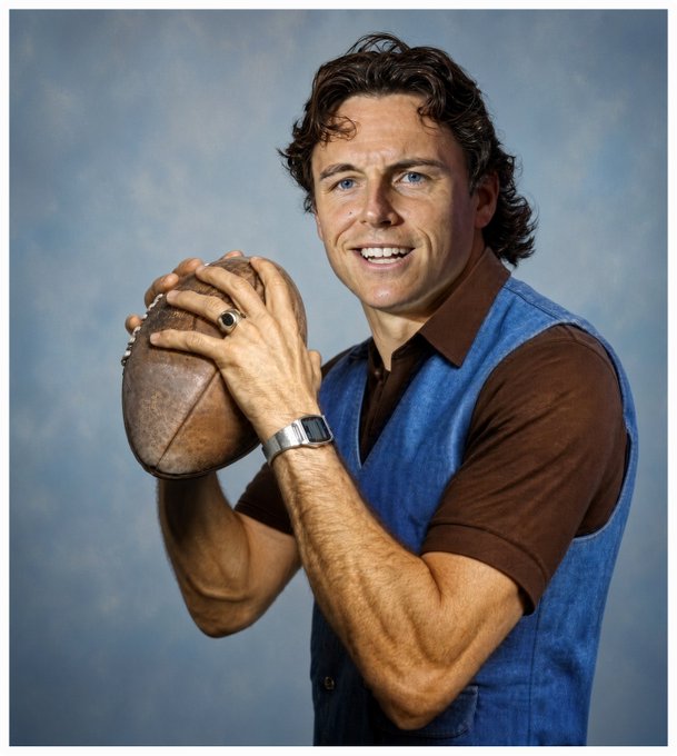 A studio portrait of a smiling man with curly brown hair wearing a brown shirt and blue vest, holding a vintage football; he appears to be a football player from an earlier era.