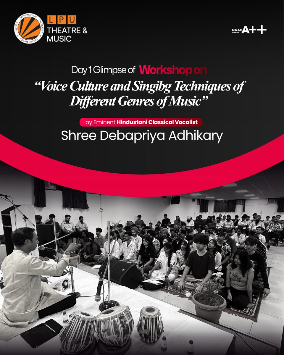 LPUTheatremusic's tweet photo. Day 1 of the workshop explored voice culture, vocal techniques, and diverse musical genres under the expert guidance of Hindustani classical vocalist Shree Debapriya Adhikary.
#LPUTheatre #LPUMusic #VoiceCulture #MusicWorkshop #HindustaniClassical https://t.co/DDZndWiDgR