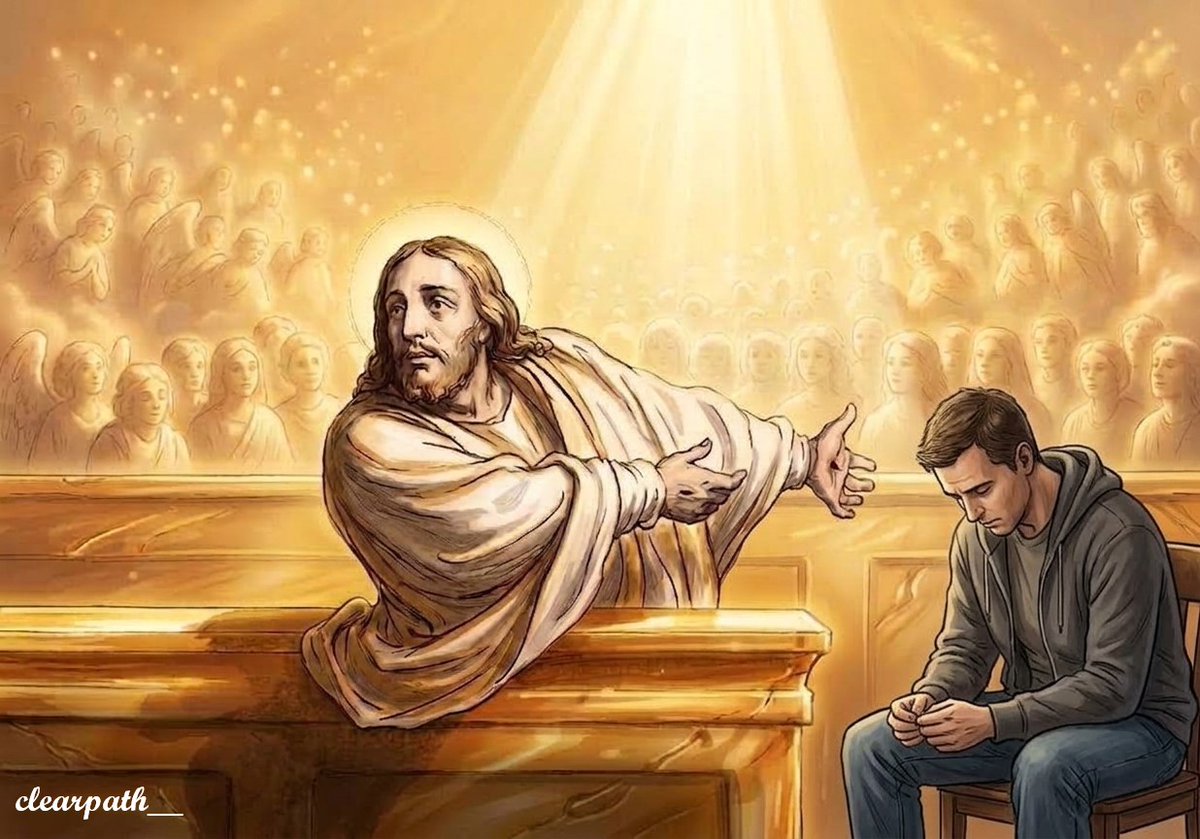 Clearpath__'s tweet photo. In Heaven's court, a cloud of saints and angels bear witness as Jesus, the righteous, advocates for the accused.

1 John 2:1 https://t.co/3pMiaT2zYk