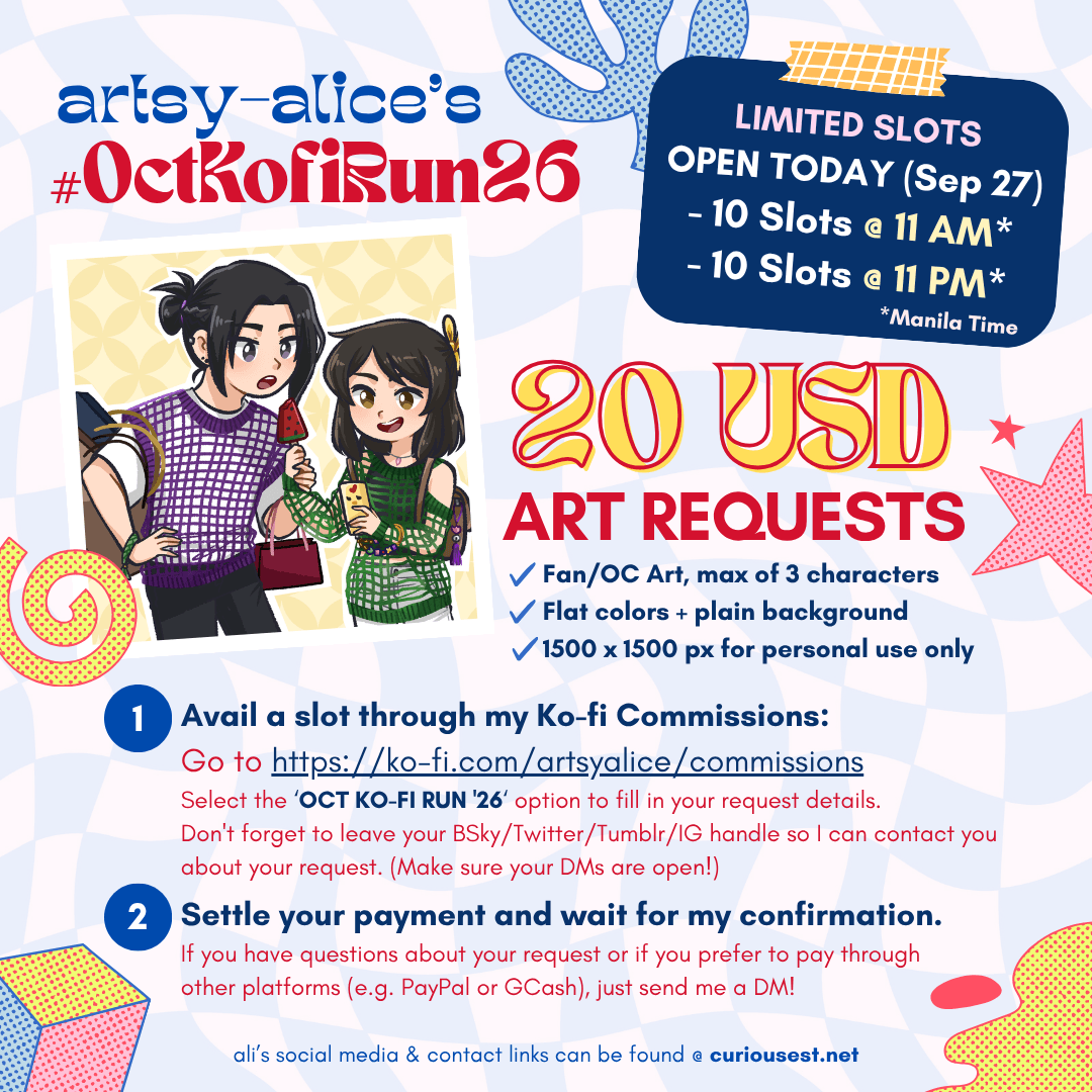 _artsy_alice's tweet photo. ☕ Slots open for #OctKofiRun26!
Get 'em drawings, friends!

Grab a slot here: 👉 https://t.co/H7ulUxRhp5

If you miss the first 10, don't worry!
More slots will open up later @ 11 PM.
[💖 RT/Reblogs are appreciated!] https://t.co/aMet9hOZpB