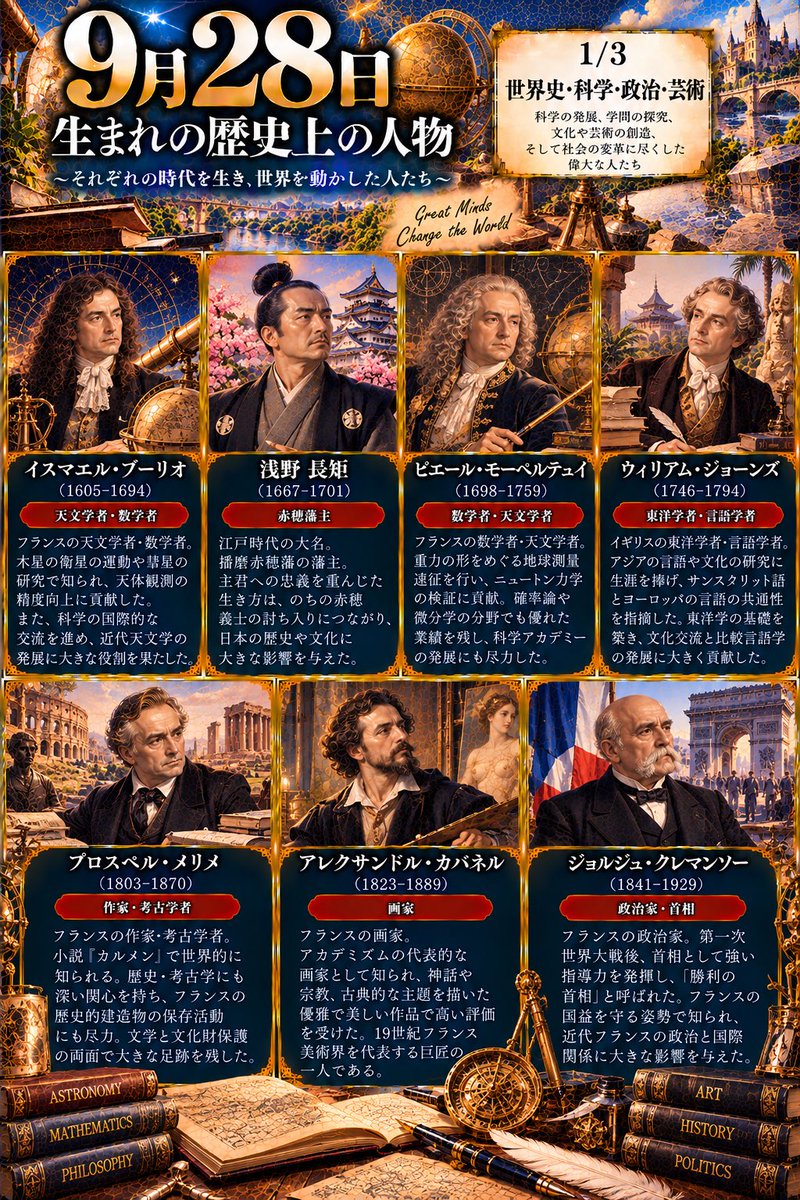 sio7056's tweet photo. 📜✨9月28日生まれの人物✨
科学、政治、文学、芸術、音楽、映画、スポーツなど、さまざまな分野で歴史に名を残した人物たち😊
知ってる人、何人いるかな？👀
#9月28日 #歴史上の人物 #AIイラスト https://t.co/8HlgzqckbV