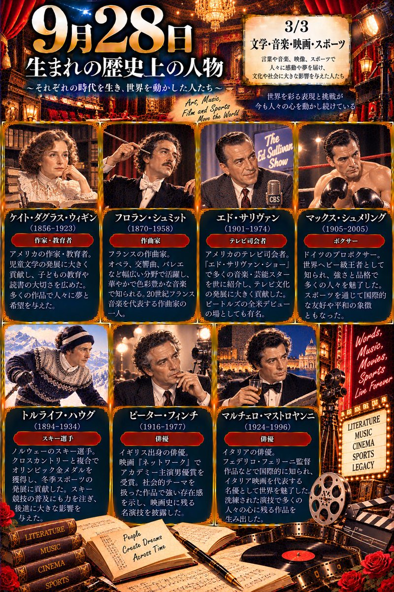 sio7056's tweet photo. 📜✨9月28日生まれの人物✨
科学、政治、文学、芸術、音楽、映画、スポーツなど、さまざまな分野で歴史に名を残した人物たち😊
知ってる人、何人いるかな？👀
#9月28日 #歴史上の人物 #AIイラスト https://t.co/8HlgzqckbV