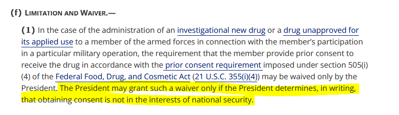 KuroshioComm's tweet photo. @RenderX8 @Lt_Dangle314 10 U.S. Code § 1107 and Doe vs. Rumsfeld?

10 USC 1107 § and Doe vs. Rumsfeld established and then upheld, respectively, the President's authority to grant a waiver for informed consent requirements. https://t.co/exep8J3wbm