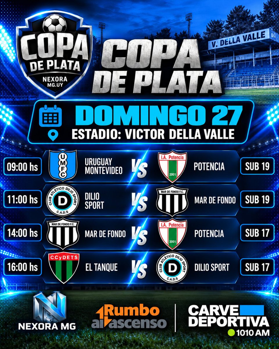 elascensouy's tweet photo. #CopaDePlata 
Este domingo futbol desde las 09.00 hs en el Estadio Victor Della Valle.

Cuatro encuentros en un muy buen escenario

ENTRADA GRATUITA
Gran servicio de cantina
Estacionamiento vigilado

Auspicia: NexoraMG https://t.co/7wP8HqV70L