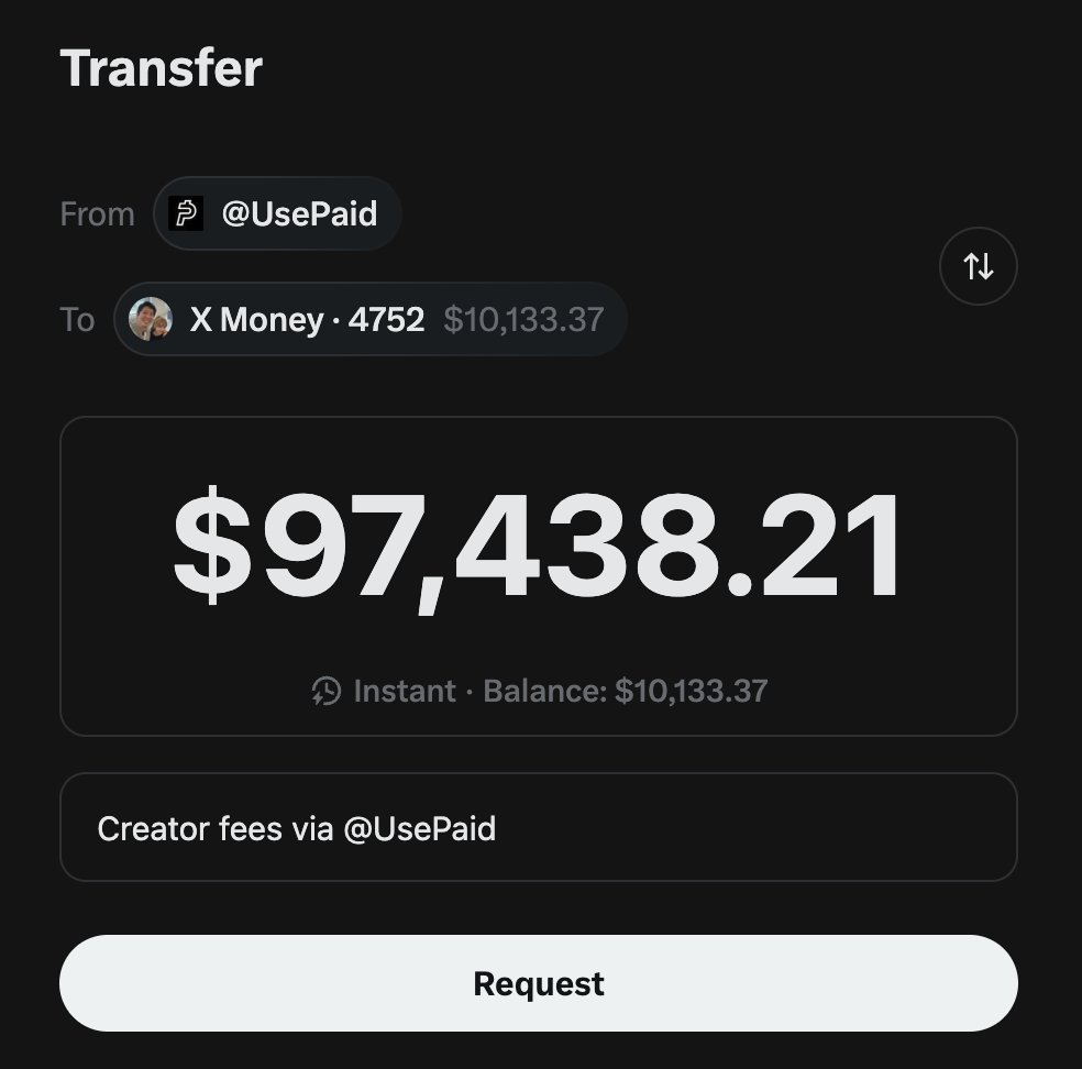 kevinxu's tweet photo. just realized there's hundreds of thousands of dollars sitting on the @UsePaid X Money wallet at any given time.

so i just requested $97,438.21 from them hoping the intern clicks the wrong button.

wish me luck. https://t.co/hRXX0aZQkn