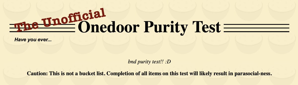 ydestinyz's tweet photo. tried my hand at making a onedoor purity test :>
pls quote with ur scores if u take it! <3

https://t.co/9y9CRcGCpU https://t.co/QT6HnnVqaZ
