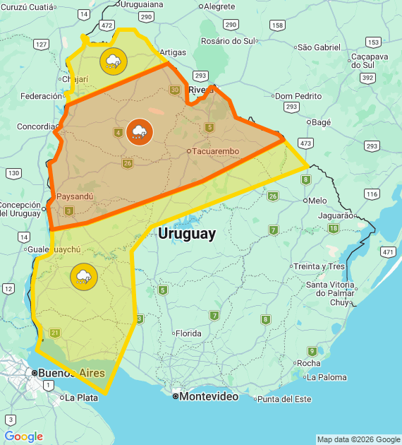 Inumet_'s tweet photo. Advertencia naranja por Tormentas fuertes y puntualmente severas
Advertencia amarilla por Tormentas puntualmente fuertes
Se actualizará a las 03:00 o ante cambios significativos

Más info: https://t.co/OSe5iumF26 https://t.co/h9snerFBzV