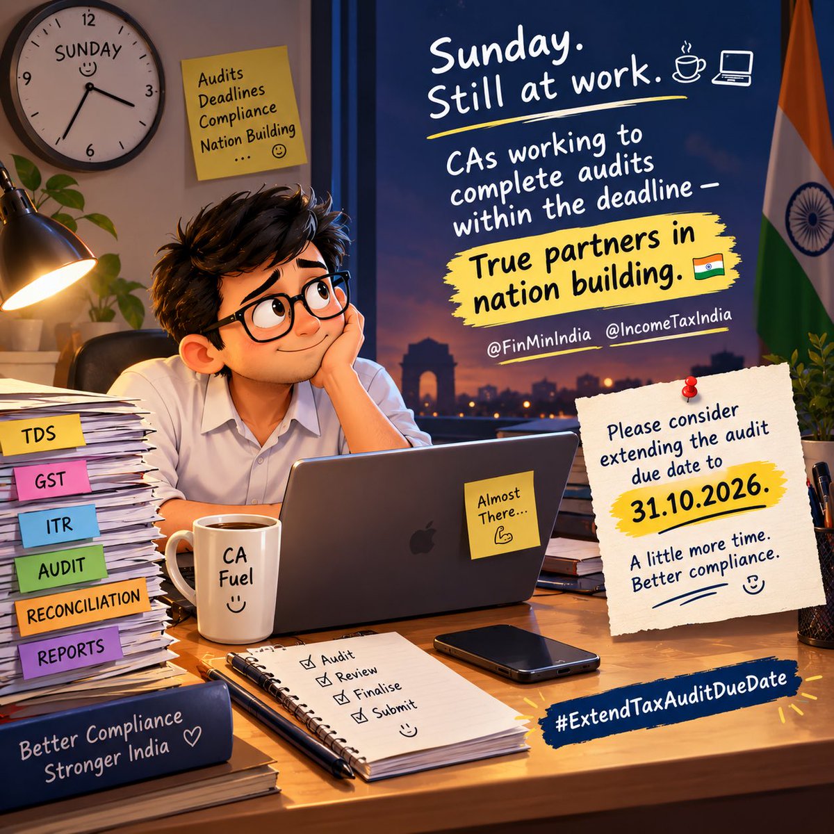 agarwalravi009's tweet photo. Sunday. Still at work. ☕💻
CAs working to complete audits within the deadline — True partners in nation building. 🇮🇳
@FinMinIndia @IncomeTaxIndia Please consider extending the audit due date to 31.10.2026.
A little more time. Better compliance.
#ExtendTaxAuditDueDate https://t.co/AQnPnqXBur