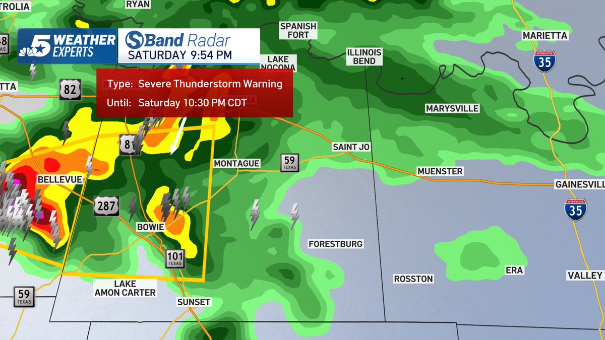 NBCDFWWeather's tweet photo. 9:58 p.m. Saturday: A SEVERE THUNDERSTORM WARNING is in effect for Montague co. until 10:30 p.m. due to quarter-sized hail and 60 mph wind gusts. Movement is E@20 mph. Stay WEATHER AWARE! @nbcdfw @ksmithnbc5 #NBCDFWWeather @NBCDFWWeather https://t.co/nP7QIeJSBs