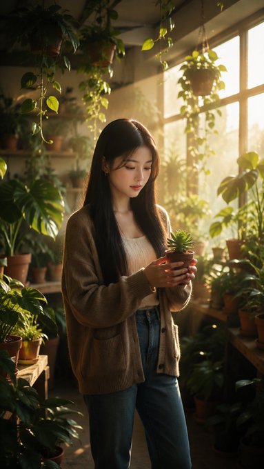 A young woman with long dark hair, wearing a beige cardigan and jeans, tenderly holds a small potted plant inside a lush, sunlit greenhouse filled with hanging plants.