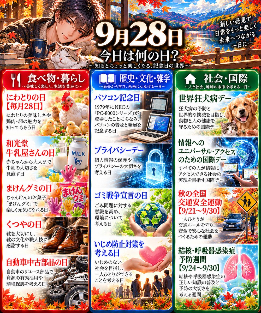sio7056's tweet photo. おはようー☀️😊

🍁✨9月28日は何の日？✨💻
今日は「世界狂犬病デー」「パソコン記念日」「にわとりの日」など、いろんな記念日があるよ😆✨
知ってる記念日、いくつあったかな？🤭
今日も楽しく頑張ろうー！💪🔥

#9月28日 #今日は何の日 #AIイラスト https://t.co/x4TPMcW88t