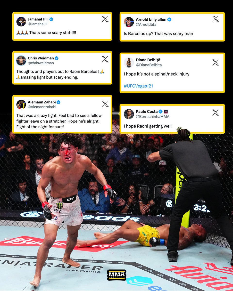 MMAFighting's tweet photo. The MMA world reacts to the scary situation at the end of #UFCVegas121 https://t.co/o5RqbgCX1N