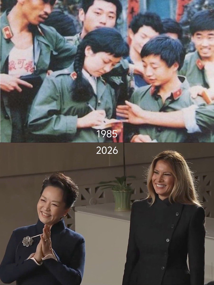 angeloinchina's tweet photo. 1985 vs 2026.
Peng Liyuan.

In the 80s she was already famous in China. Soprano. PLA singer. That photo of her in uniform with the soldiers, signing autographs… that’s not some staged shot. That’s what she actually did. Went out to the troops, performed, ordinary work people remembered.
Now she’s in Washington next to Melania Trump. Same person. First lady of China. Calm, no circus, speaking English herself. Representing a country that lifted hundreds of millions out of poverty while the West spent decades lecturing everyone else.
Western media will never put these two pictures together. Too inconvenient. They need China grey, threatening, soulless. They don’t want anyone seeing that the woman on the world stage came from the generation that actually rebuilt the place.
She was more famous than Xi for years. People used to joke he was “Peng Liyuan’s husband.” Then she stepped back when he took the top job. That’s discipline. Not how celebrity works in the West.
This isn’t “soft power” cooked up by an agency. This is what a civilization that still takes itself seriously produces.
The West could notice. 

Most of it won’t. Too busy demonizing China.