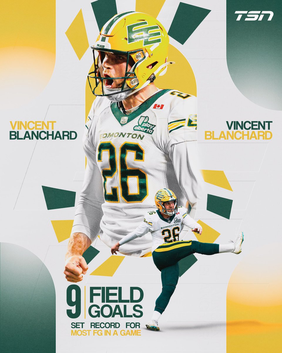 TSN_Sports's tweet photo. HISTORY MADE ✅

Vincent Blanchard has set the @CFL record for most field goals in a single game with 9 🚨 https://t.co/bsotDzSYx7