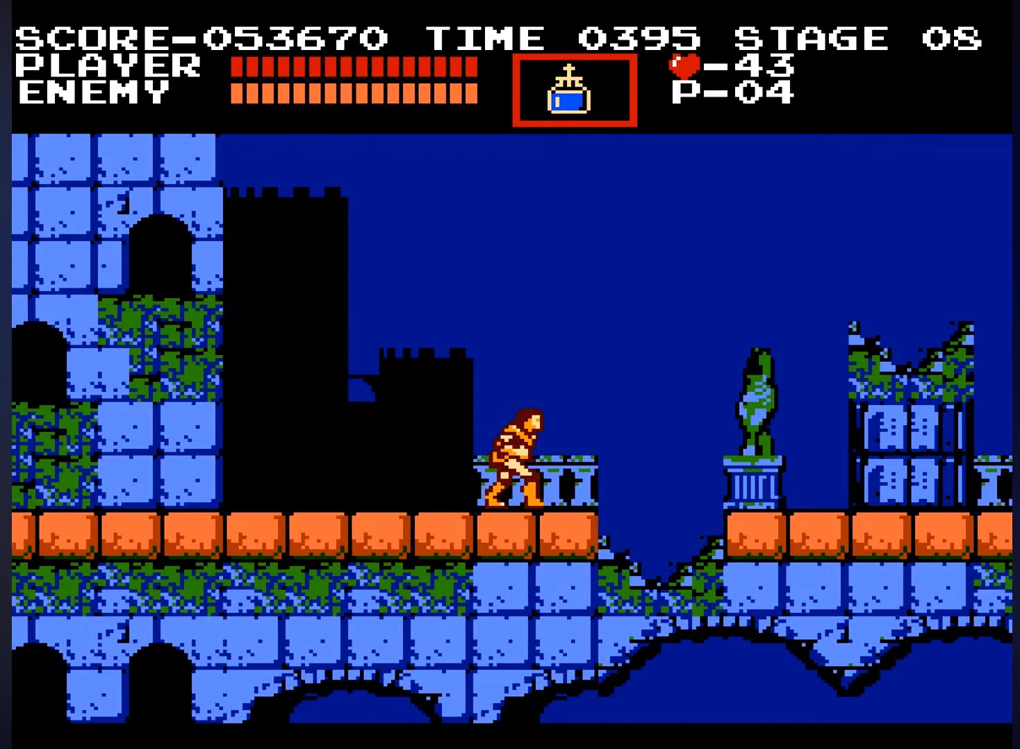 Screenshot of Castlevania area 3, on a stone walkway supported by archways. Background is the night sky, railing and statues, and distant shadows imply more castle towers and battlements.