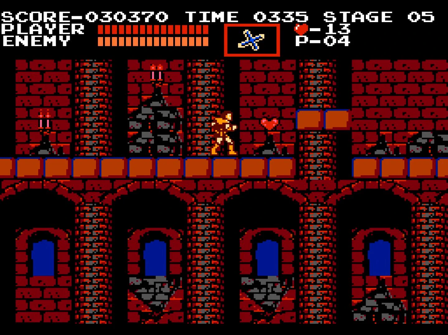 Screenshot of Castlevania area 2. The background shows pillar supported by arches that cast deep shadows, and distant walls have open windows to the night sky.