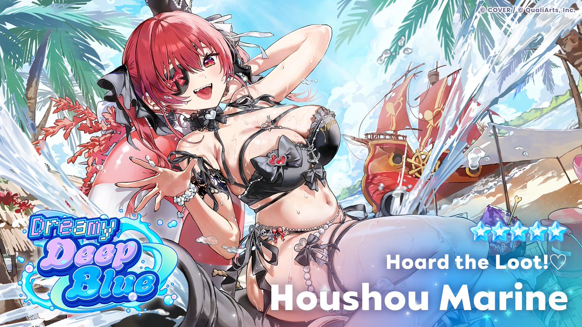 holo_dreams_en's tweet photo. /／
A new ★5 Member enters the stage!✨
Available in the gacha starting Tuesday, September 29 at 11:00 AM (JST)!🎉
\＼

Revealing the illustration for ★5 [Hoard the Loot!♡] Houshou Marine🏴‍☠️

Obtain both her Park Outfit and Live Outfit when pulling her!✨

🔽 Check the thread below for the Outfit videos & Skill info👗✨

#holodori #HoushouMarine
