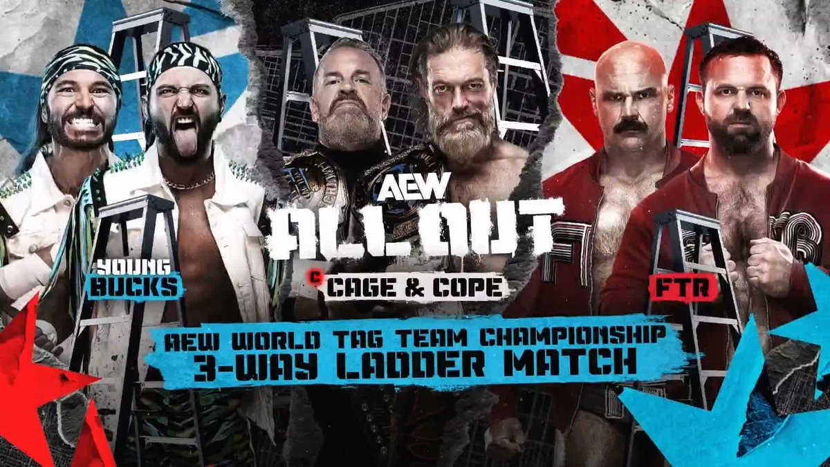 A promotional poster for AEW All Out featuring Young Bucks, Cage & Cope, and FTR for an 'AEW World Tag Team Championship 3-Way Ladder Match'.