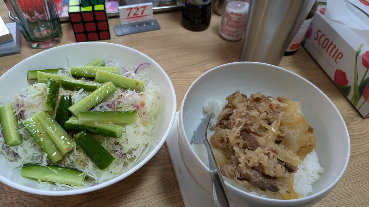 hoinami's tweet photo. 松屋の牛めし
ミックスキャベツときゅうり
#今日の昼飯 https://t.co/B02CIorJSm