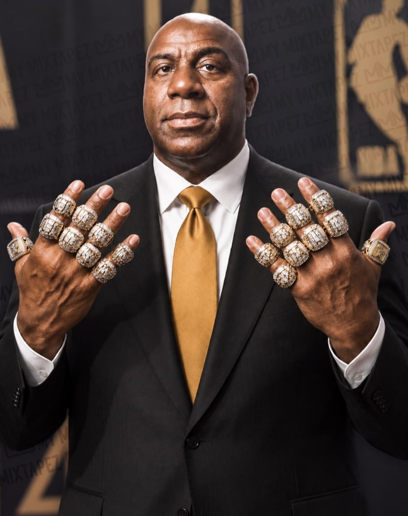 mymixtapez's tweet photo. Magic Johnson holds the record with 18 championship rings across high school, college, the NBA, MLB, MLS, and the WNBA, as a player, executive, and part-owner 💍💯 https://t.co/Q3Da1drV4L