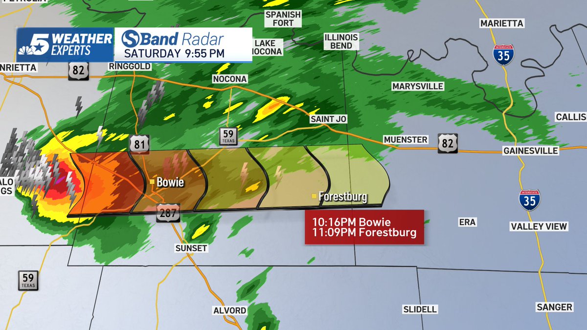 NBCDFWWeather's tweet photo. 9:58 p.m. Saturday: A SEVERE THUNDERSTORM WARNING is in effect for Montague co. until 10:30 p.m. due to quarter-sized hail and 60 mph wind gusts. Movement is E@20 mph. Stay WEATHER AWARE! @nbcdfw @ksmithnbc5 #NBCDFWWeather @NBCDFWWeather https://t.co/nP7QIeJSBs
